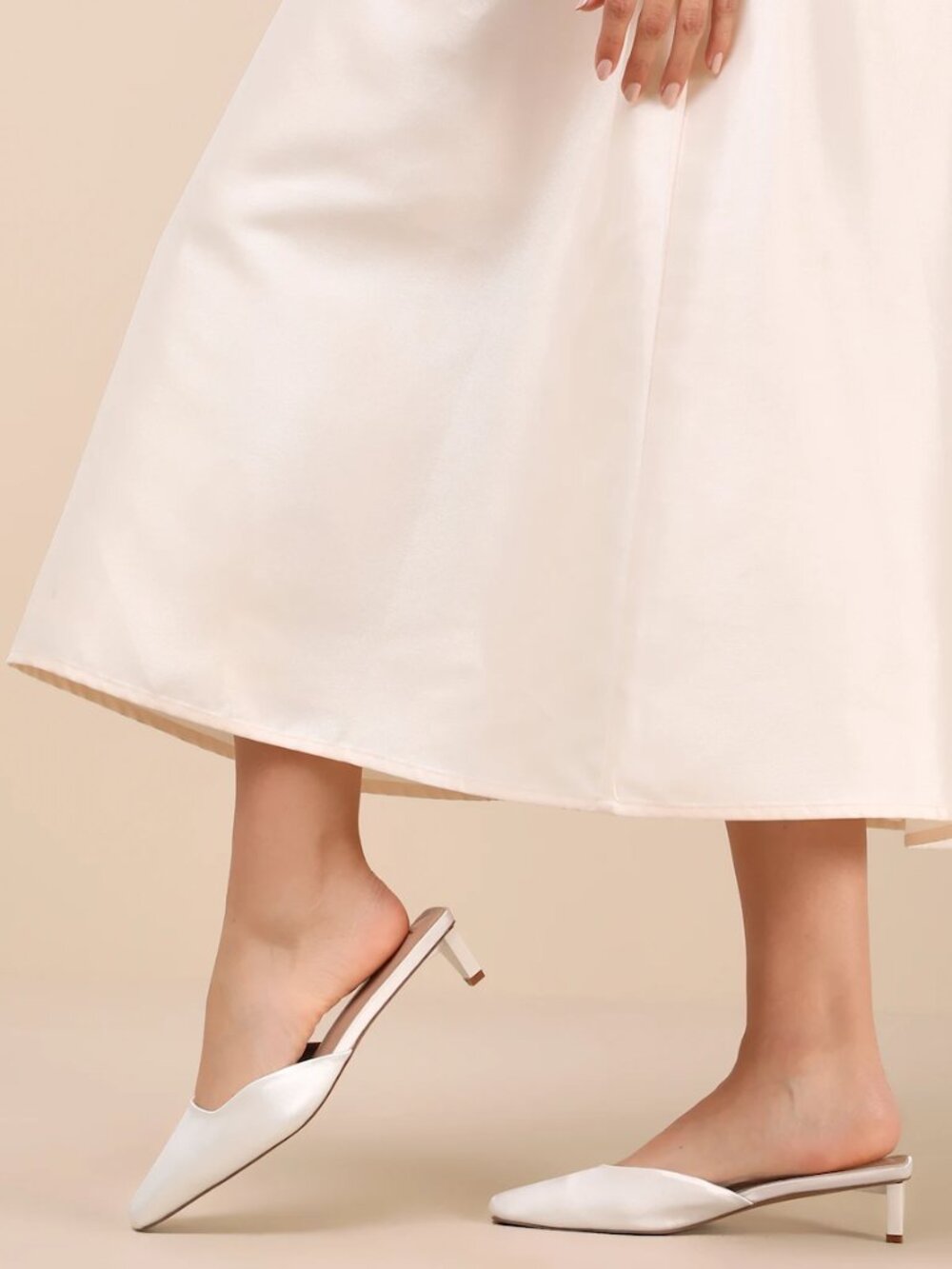 Auroette White Satin Kitten Heel Mule Pumps
